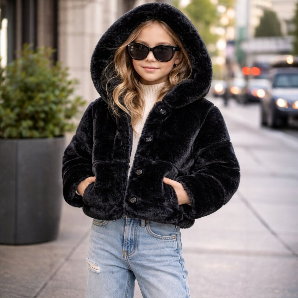 🖤 Apparis Hooded Cropped Faux Fur Jacket – Size 6Y 🖤